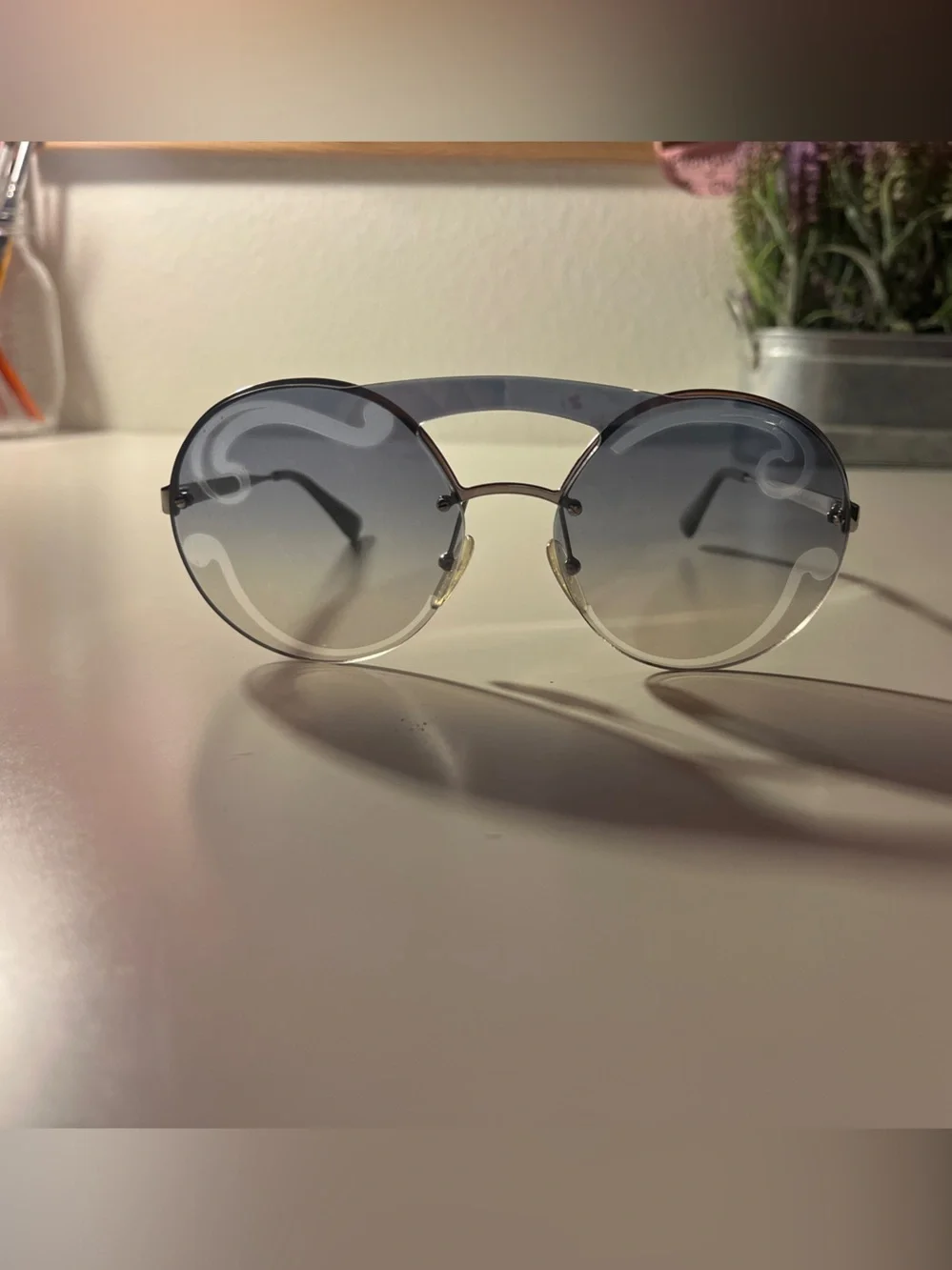 Prada Silver Metal Round Sunglasses with Blued/Gray Gradient Lenses + case
